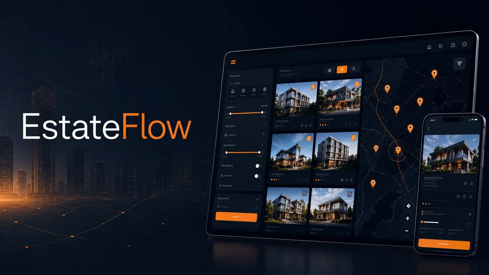 EstateFlow tanıtım görseli: solda şehir silueti üzerinde EstateFlow yazısı; sağda filtre paneli, ilan kartları ve konum işaretli harita görünümünü taşıyan dizüstü ekranı ile ilan detayını gösteren telefon.